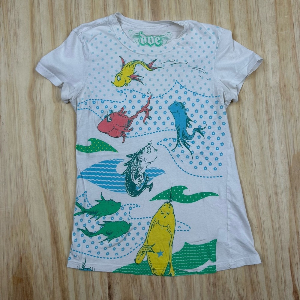 Y2K Mighty Fine Dr Seuss Youth M Top Short Sleeve‎ White One FIsh Two Fish Cute